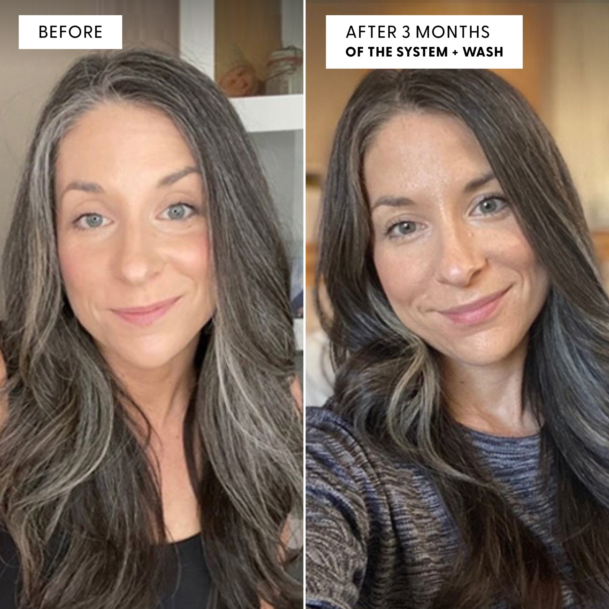 Before and after comparison photo of a woman's hair. Left side labeled 'BEFORE' shows long dark brown hair with prominent grey and silver highlights throughout. Right side labeled 'AFTER 3 MONTHS OF THE SYSTEM + WASH' shows noticeably darker hair with significantly reduced grey.