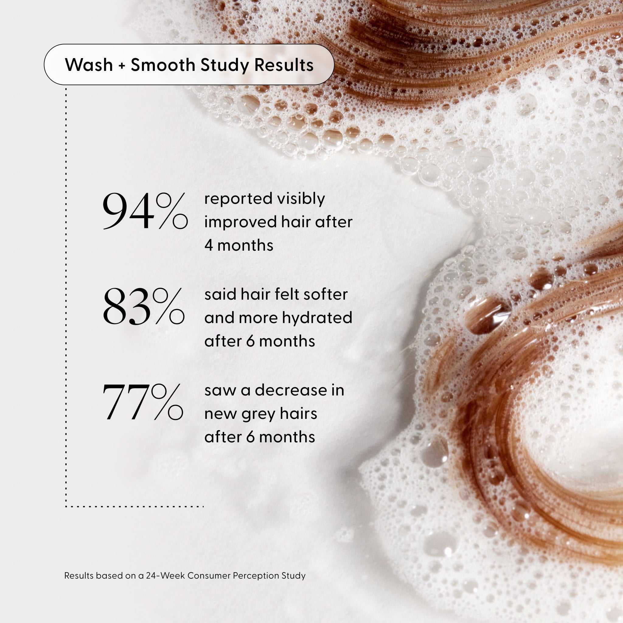 Wash + Smooth Study Results infographic over hair-in-lather photo. Results based on a 24-Week Consumer Perception Study: 94% reported visibly improved hair after 4 months, 83% said hair felt softer and more hydrated after 6 months, 77% saw a decrease in new grey hairs after 6 months.