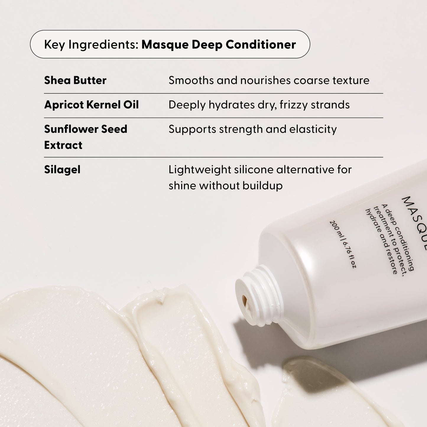An open tube from Arey’s The Restorative Kit with creamy deep conditioner swatched beside it. Text highlights key ingredients and their benefits: shea butter, apricot kernel oil, sunflower seed extract, and Silagel—to promote thicker hair and support repigmentation for healthier-looking locks.
