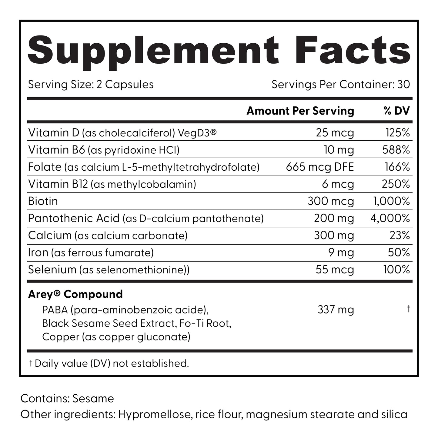 Supplement Facts label for The Restorative Kit by Arey displays amounts per serving of vitamins, minerals, and a proprietary blend, along with percent daily values. The label also lists other ingredients and highlights the inclusion of sesame and hypromellose—formulated to support repigmentation and promote thicker hair. Features black text on a white background.