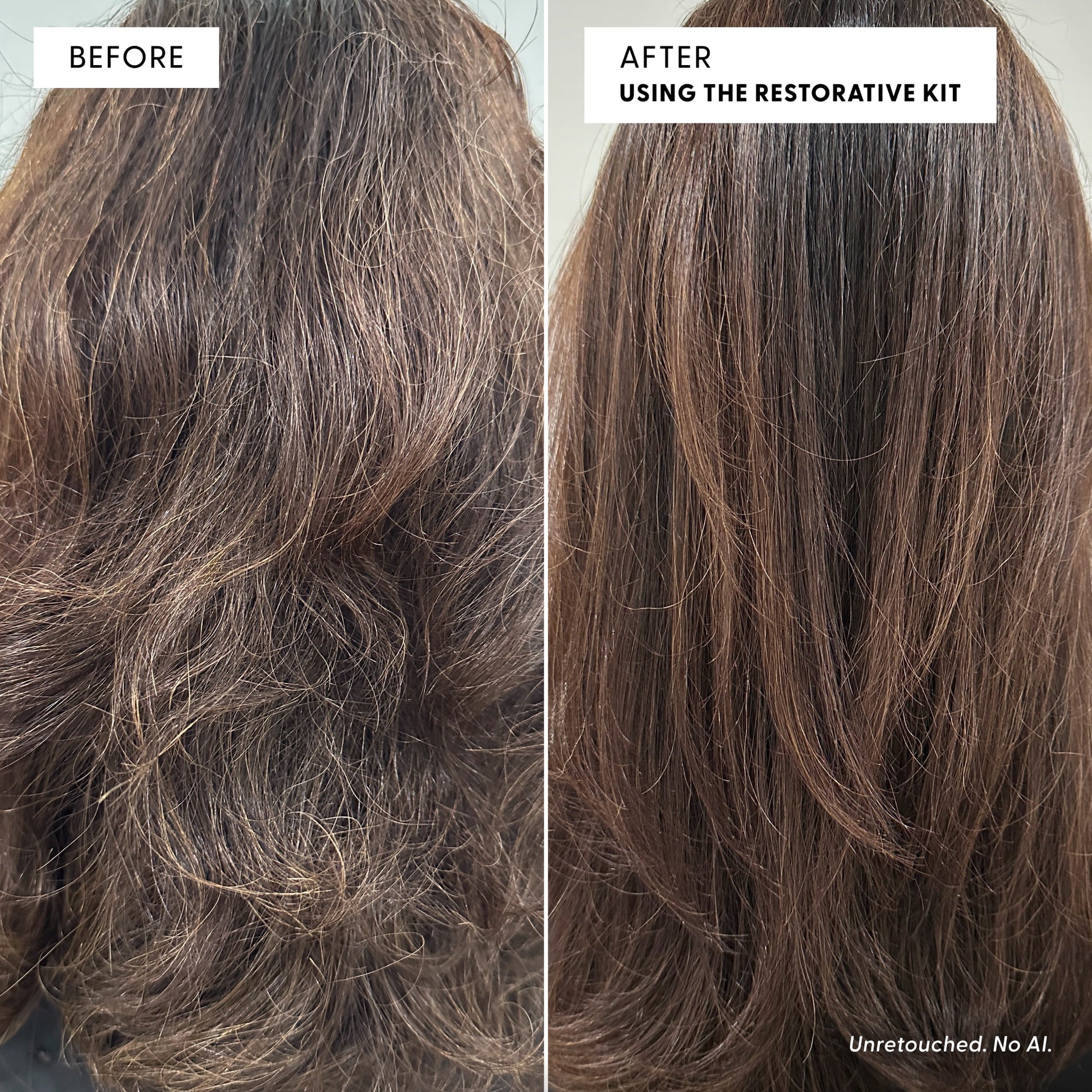 Side-by-side comparison of hair before and after using Arey’s The Restorative Kit. The “before” side displays frizzy, dry hair, while the “after” side reveals smoother, shinier, and healthier-looking hair that appears promoted thicker strands and supports repigmentation.
