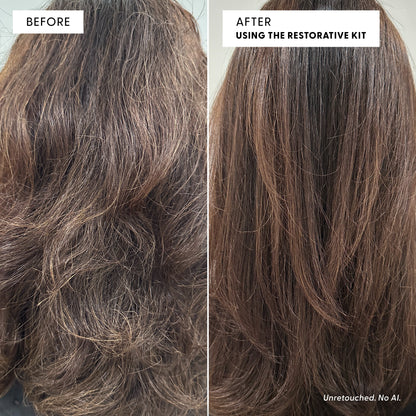 Side-by-side comparison of hair before and after using Arey’s The Restorative Kit. The “before” side displays frizzy, dry hair, while the “after” side reveals smoother, shinier, and healthier-looking hair that appears promoted thicker strands and supports repigmentation.