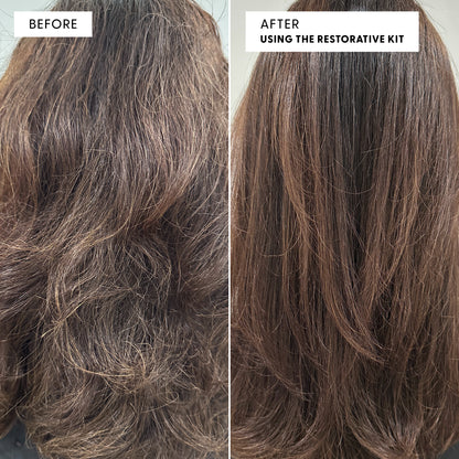 Before and after photo of a woman's long dark hair showing transformation. Left labeled BEFORE shows frizzy, grey-streaked hair. Right labeled AFTER USING THE RESTORATIVE KIT shows smoother, darker, healthier-looking hair.