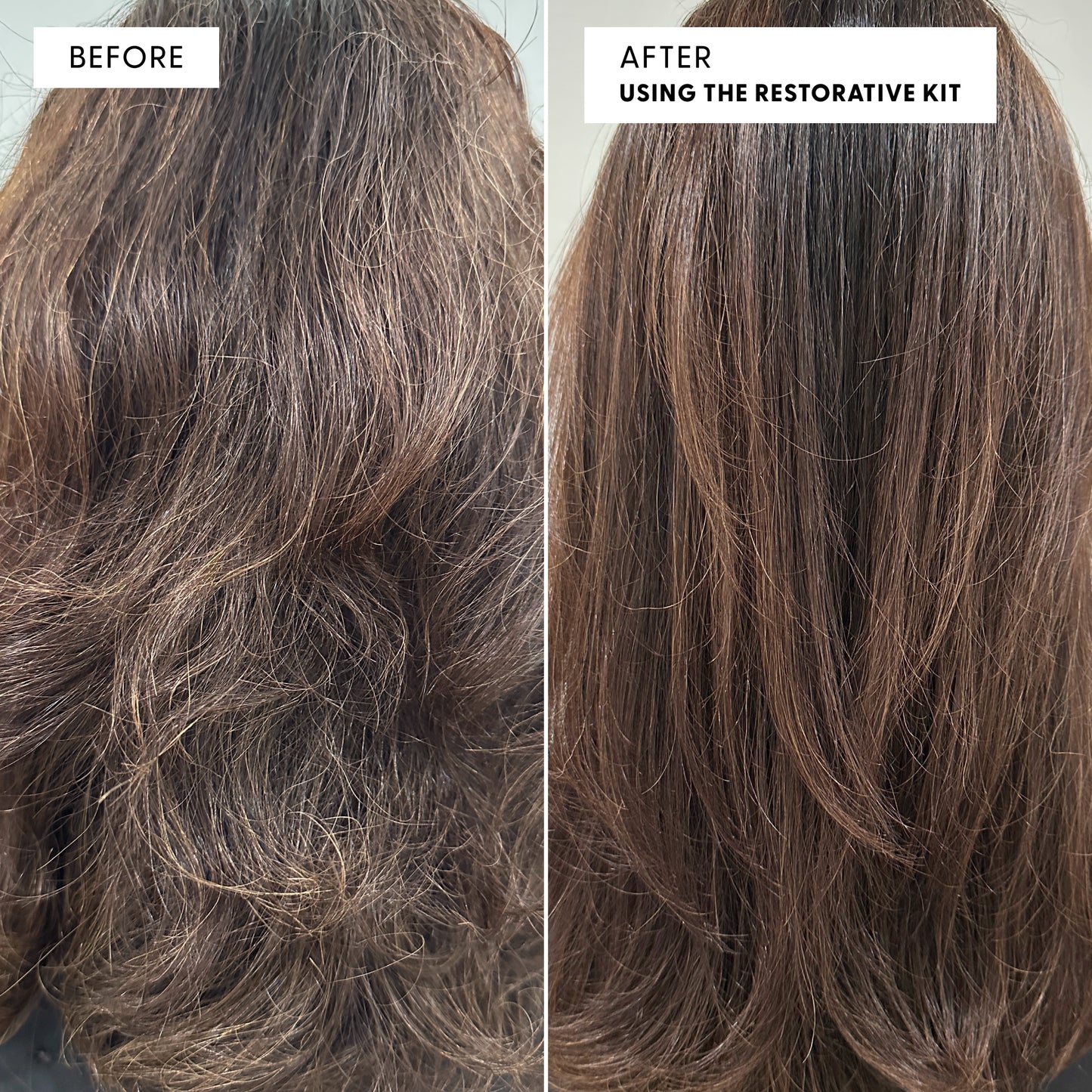 Before and after photo of a woman's long dark hair showing transformation. Left labeled BEFORE shows frizzy, grey-streaked hair. Right labeled AFTER USING THE RESTORATIVE KIT shows smoother, darker, healthier-looking hair.