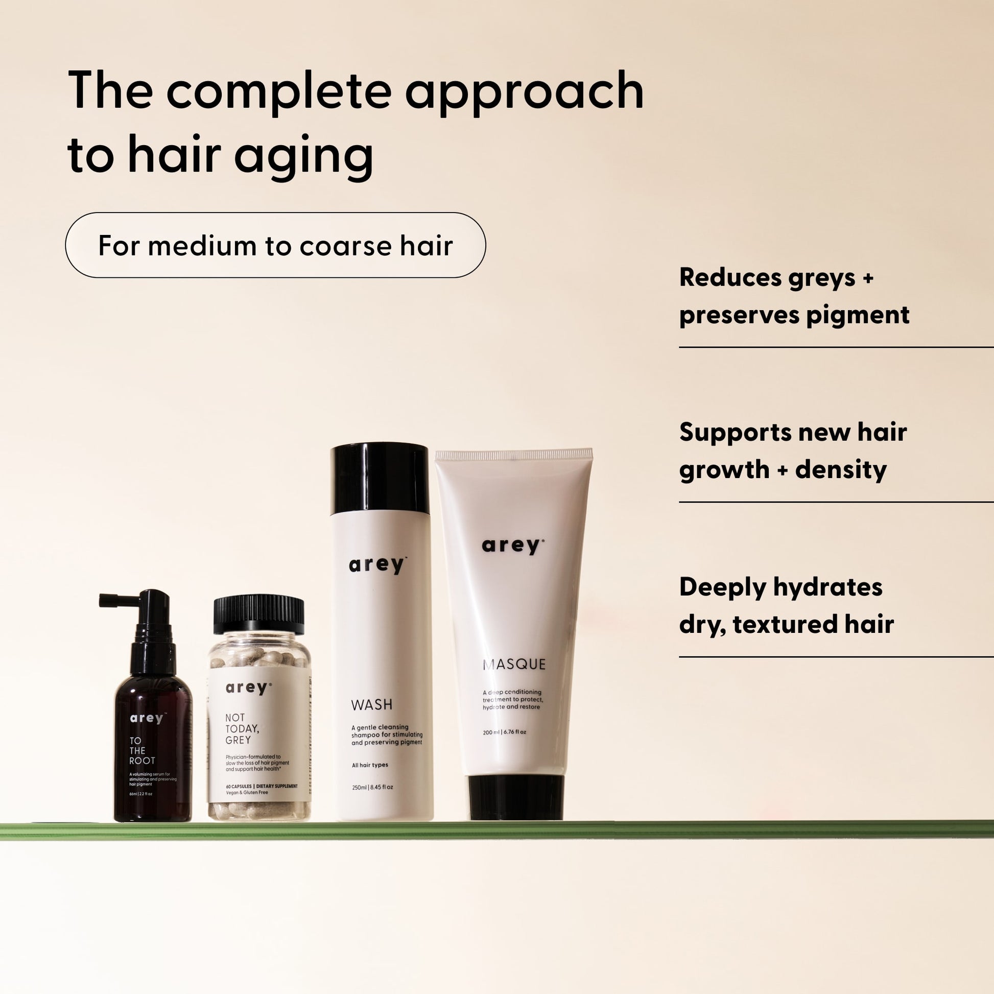 Four bottles from Arey’s The Restorative Kit are arranged on a glass shelf, alongside text highlighting benefits for medium to coarse hair: supports repigmentation to reduce greys, encourages thicker hair growth, and deeply hydrates dry, textured strands.