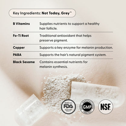 An image displays the key ingredients of The Restorative Kit by Arey, with descriptive text alongside a spilled white powder. Certifying icons for FDA facility, GMP, and NSF appear in the bottom right corner. The composition emphasizes how these ingredients work together to promote thicker hair and support repigmentation.