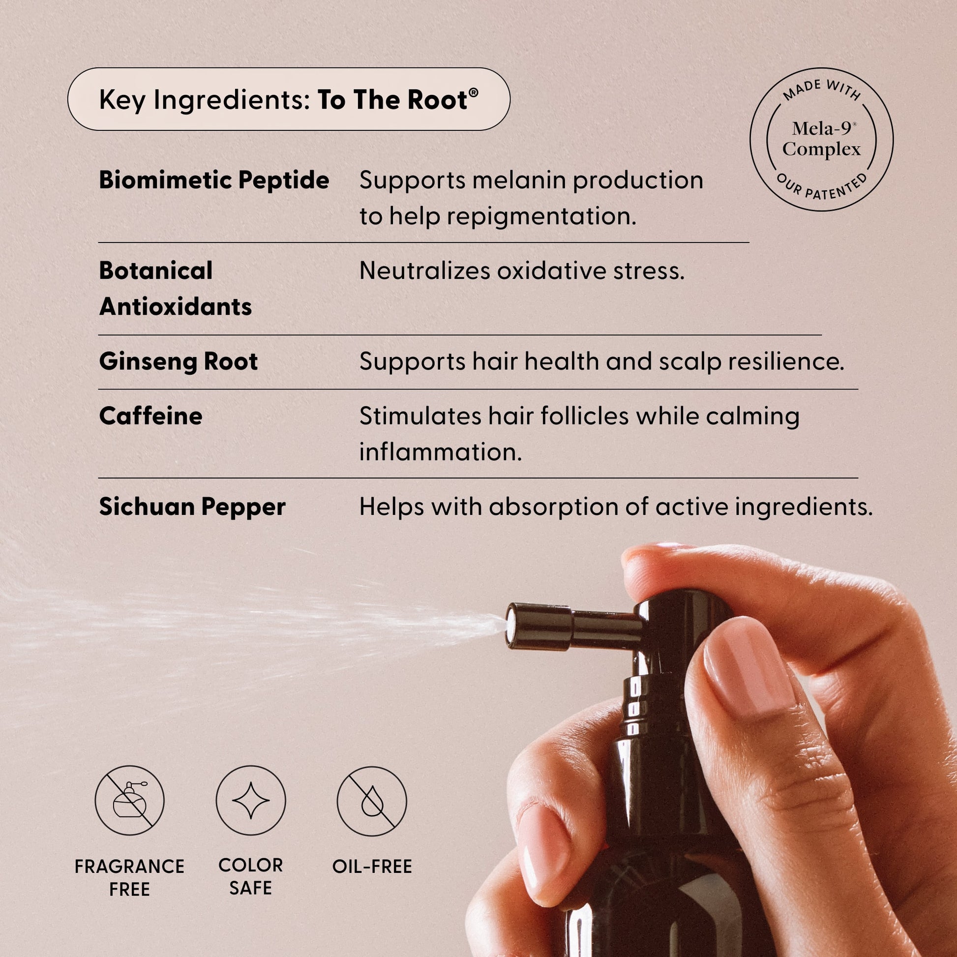 A hand sprays a black bottle from Arey’s The Restorative Kit. On screen, text highlights key ingredients and benefits: biomimetic peptide, botanical antioxidants, ginseng root, caffeine, and Sichuan pepper. The formula is crafted to support repigmentation and promote thicker hair growth while helping slow the appearance of grey hair. Icons indicate it’s fragrance free, color safe, and oil-free. The background is beige.