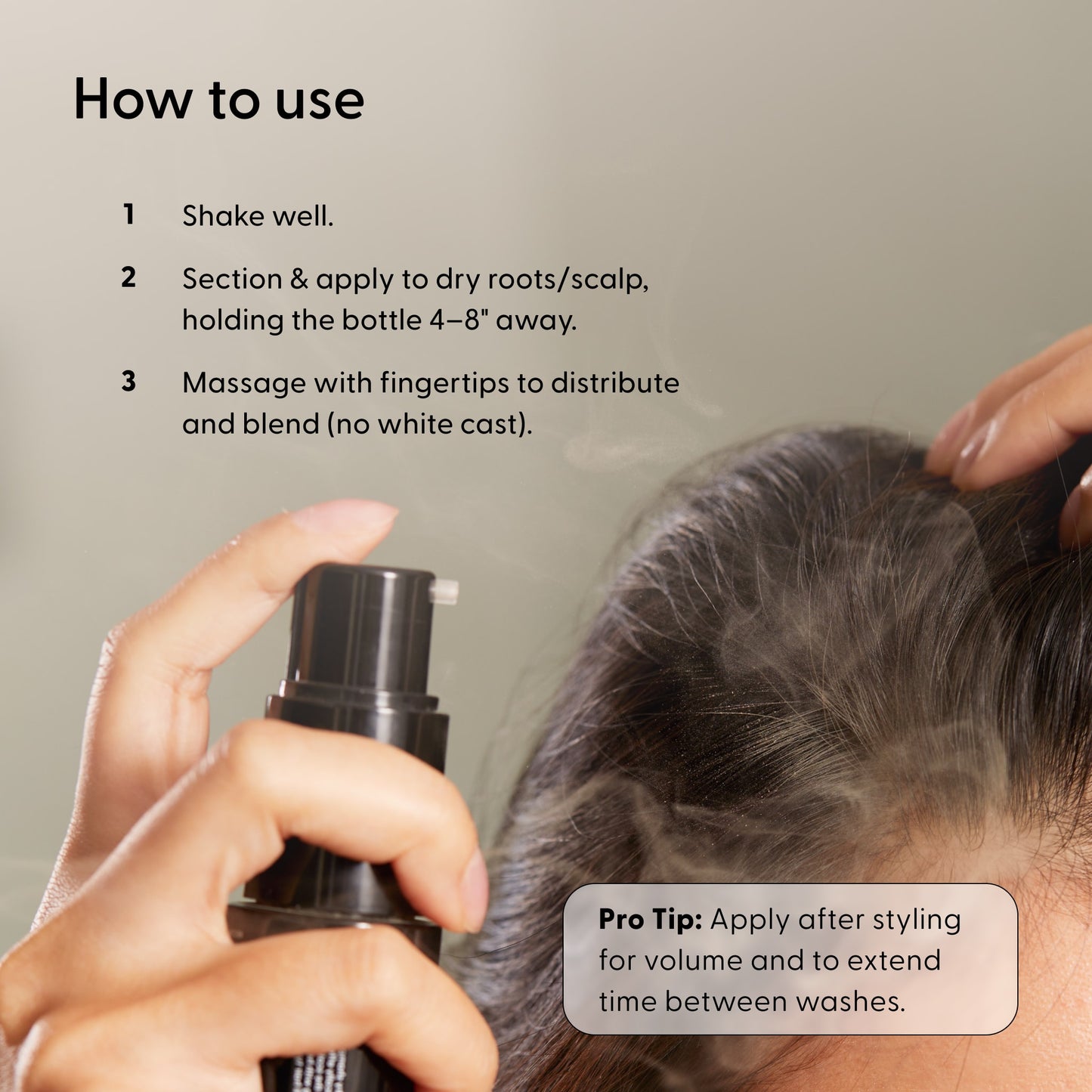 A hand sprays Arey Wait A Sec® Dry Shampoo (non-aerosol) onto hair roots; another hand massages the scalp to absorb oil and boost volume. Text instructions for use and a pro tip appear on the image.