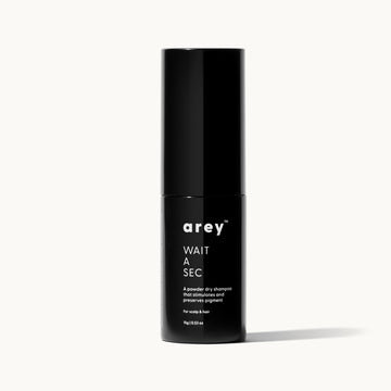 Arey Wait A Sec bottle on a cream background. Label reads: arey. WAIT A SEC. A powder dry shampoo that stimulates and preserves pigment. For scalp & hair. 15g / 0.53 oz.