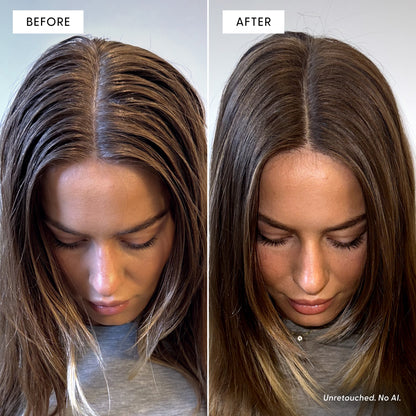 Split-screen showing the top of a woman’s head before and after a hair treatment; Before shows oily, flat hair, while After shows clean, voluminous, smooth hair. Text: Unretouched. No AI. Thanks to Arey Wait A Sec® Dry Shampoo—our non-aerosol formula—you can absorb oil and boost volume with no touch-ups or filters required.