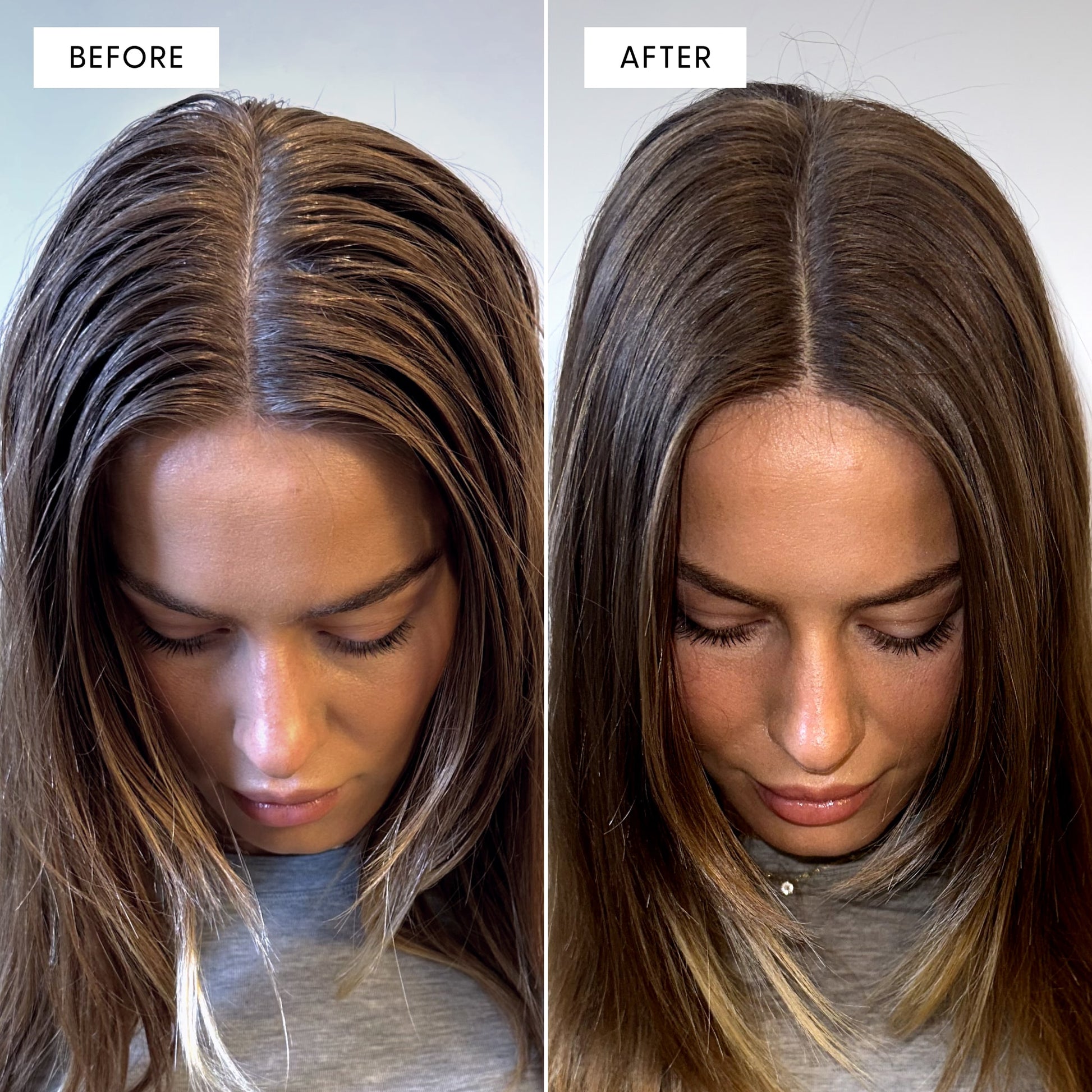 Before and after photo of a woman showing hair transformation using Arey Wait A Sec. Left (BEFORE): hair appears frizzy with visible flyaways. Right (AFTER): hair looks smoother, shinier, and more polished.