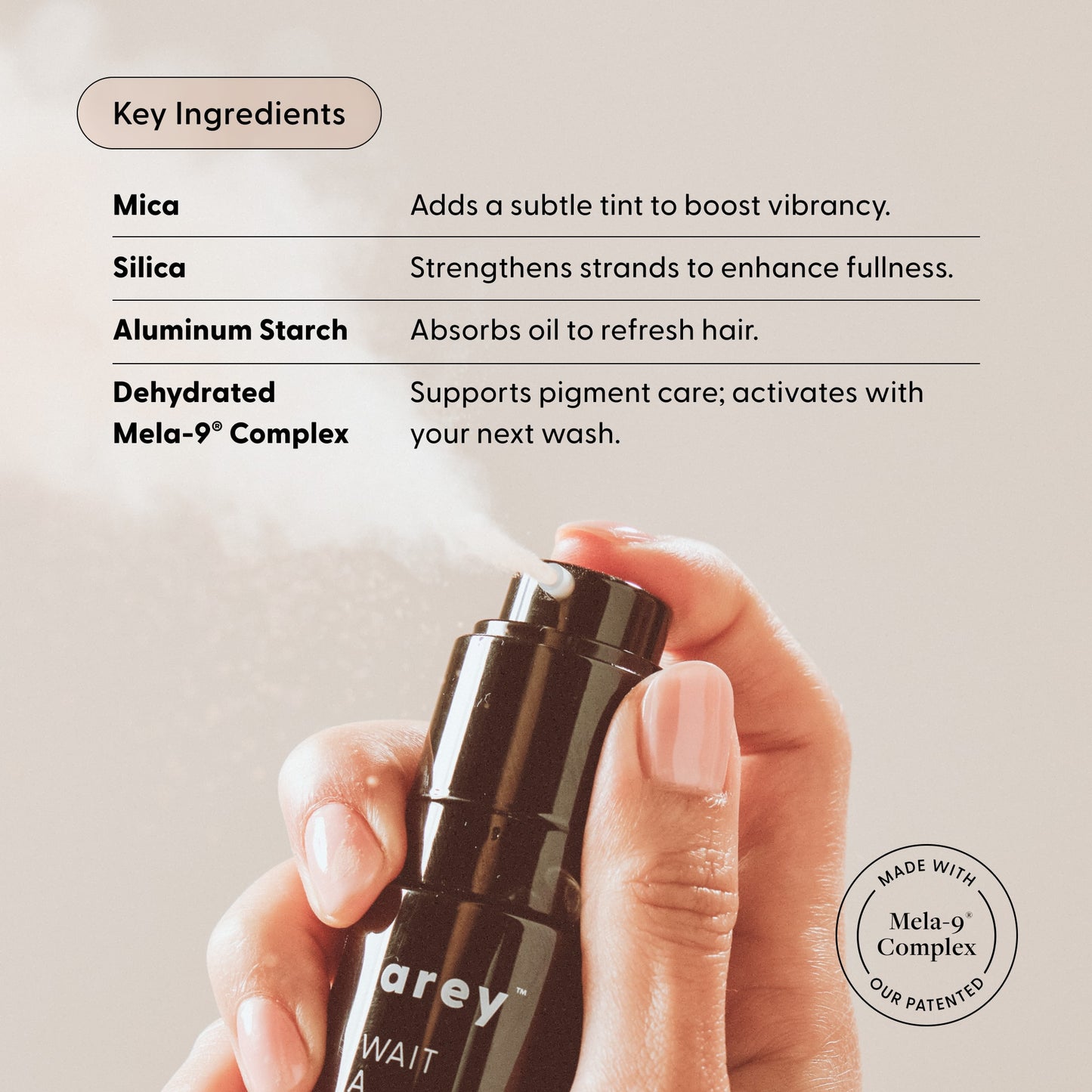 A hand sprays Arey’s Wait A Sec® Dry Shampoo from a sleek black bottle. On-screen text highlights key ingredients—mica, silica, aluminum starch, and dehydrated Mela-9™ Complex—and explains their hair benefits. The non-aerosol formula is crafted to absorb oil and boost volume, and a badge emphasizes the inclusion of Arey’s signature Mela-9™ Complex.