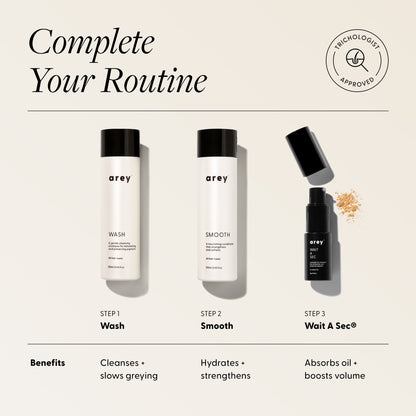 arey hair care product set with step-by-step routine on a beige background