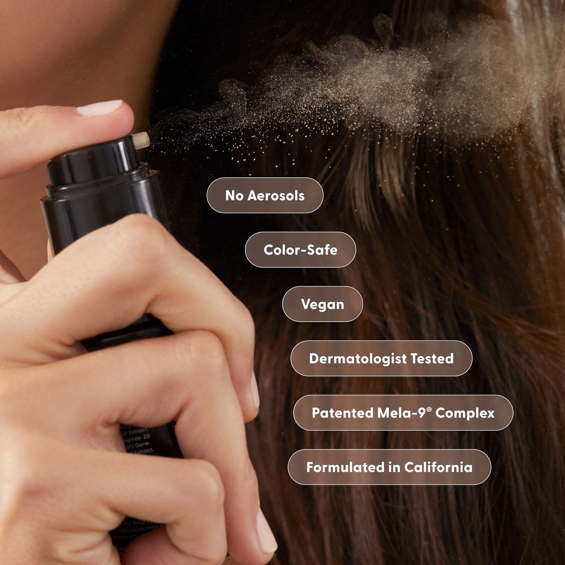 Person using a hair product with text highlighting features on a blurred background
