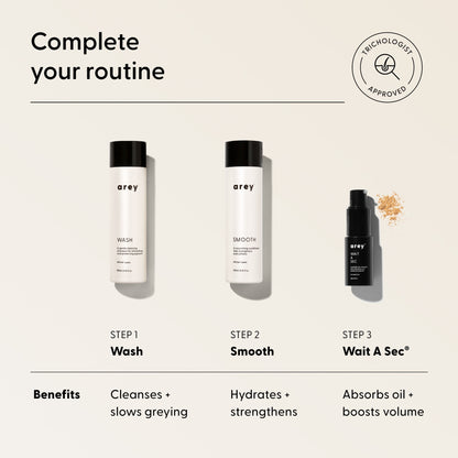 Three Arey hair products—Step 1 Wash, Step 2 Smooth, and Step 3 Wait A Sec® Dry Shampoo—are arranged on a beige background, with brief benefits listed below each for cleansing, hydrating, and adding volume. The collection features Arey’s Wait A Sec® Dry Shampoo, a non-aerosol formula designed to absorb oil and boost volume for refreshed, revitalized hair between washes.