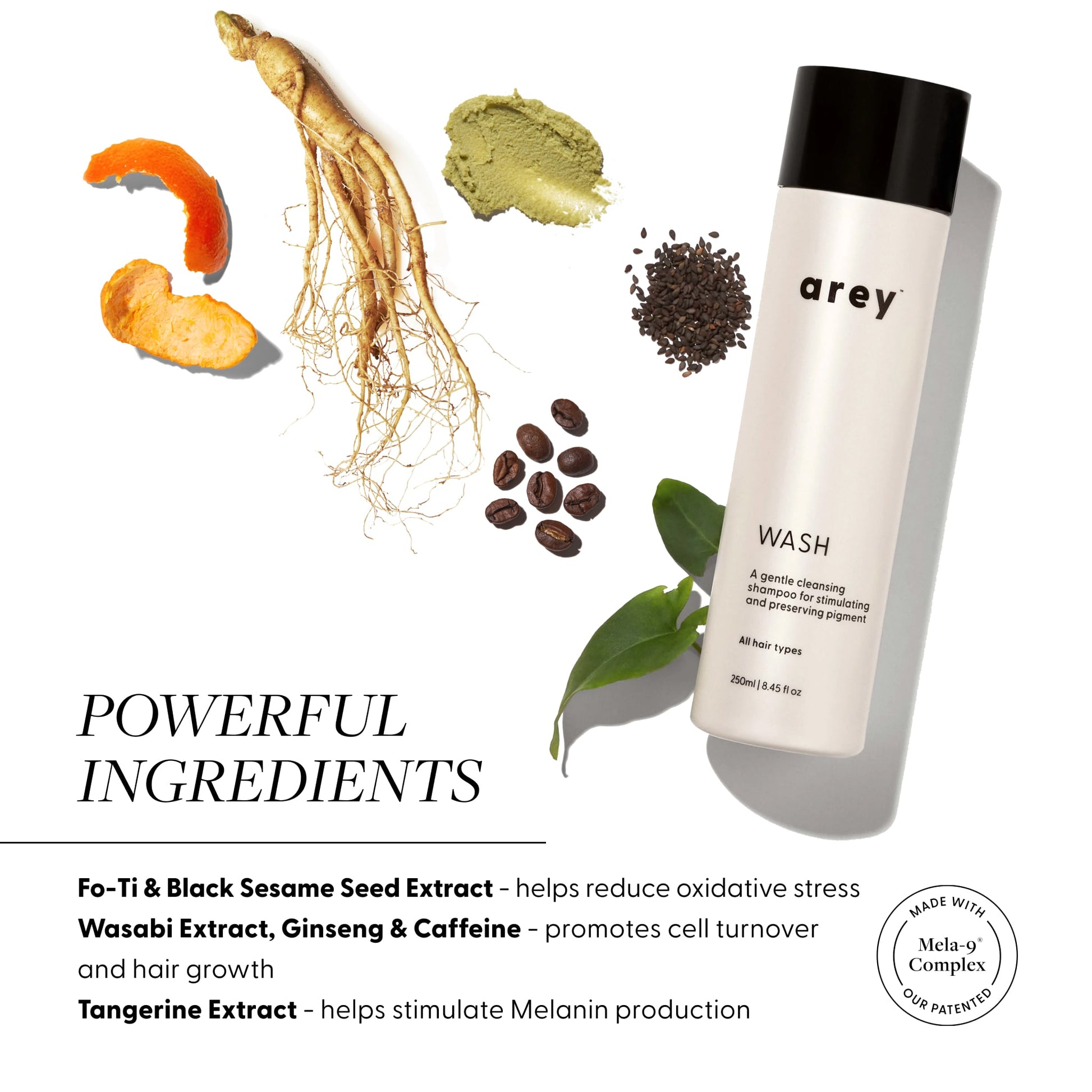 Powerful Ingredients in Wash Shampoo: Fo-Ti & Black Sesame Seed Extract, which helps reduce oxidative stress;
Wasabi Extract, Ginseng & Caffeine, which promotes cell turnover and hair growth; Tangerine Extract, which helps stimulate Melanin production. Made with our patented Mela-9® Complex