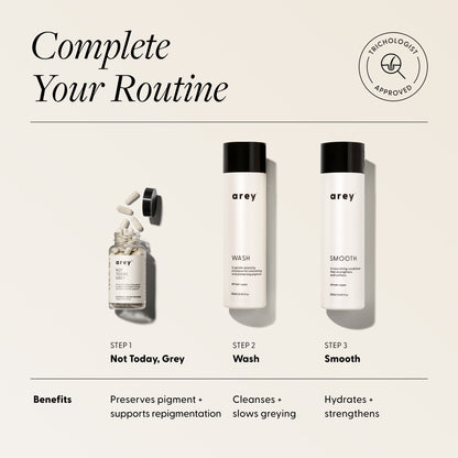 Haircare products on a beige background, featuring text about completing a routine.