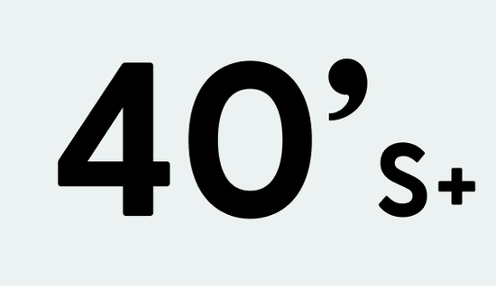 Black text '40's+' on a white background