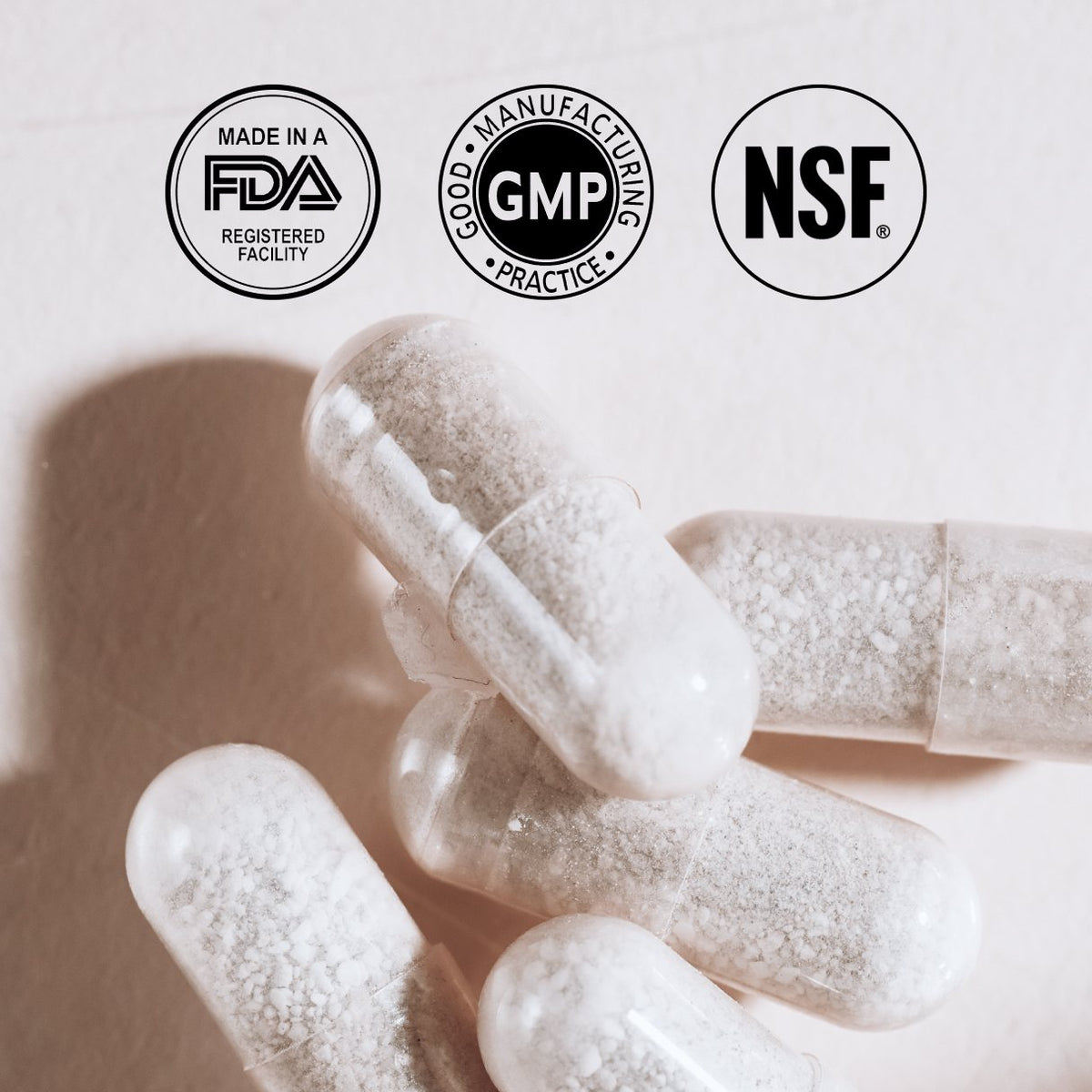 Arey supplement capsules beneath FDA-registered facility, GMP and NSF badges.