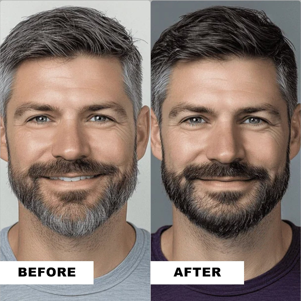 An example of an AI-generated before and after of a man's grey hair and beard, labeled Before and After.