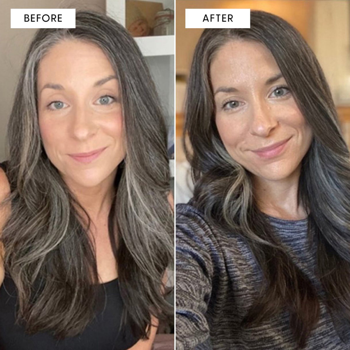 Unedited before and after selfies of an Arey customer with long hair, labeled Before and After.