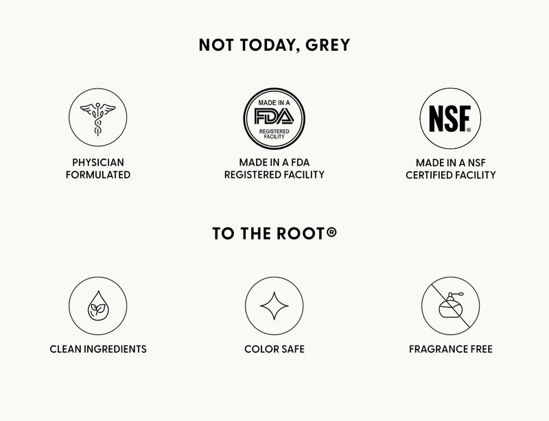 Two product sections with icons. 'Not Today, Grey': Physician Formulated, FDA Registered Facility, NSF Certified Facility. 'To The Root': Clean Ingredients, Color Safe, Fragrance Free."